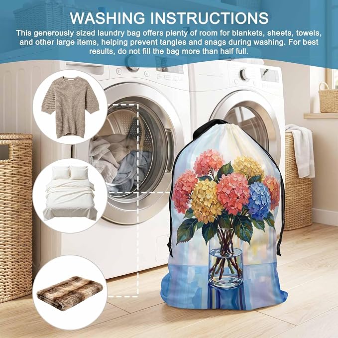 Floral XL Laundry Bag Hydrangeas Flower in Bottle Spring Summer Machine - Image 7
