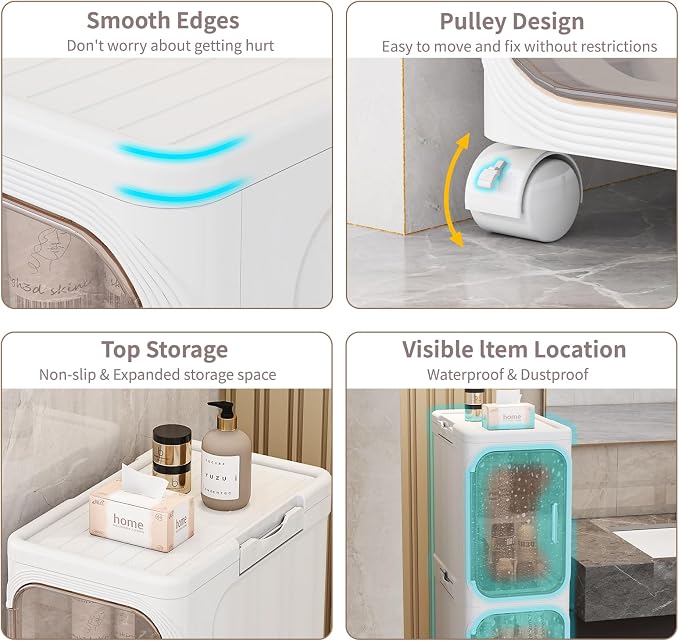 4 Tier Slim Bathroom Storage Cabinet, Foldable and Movable, ABS and PET - Image 3