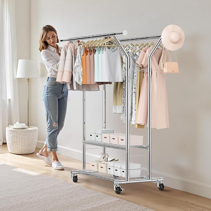 VEVOR Clothes Rack, Rolling Clothing Garment Rack, Extendable Carbon Steel - Image 8
