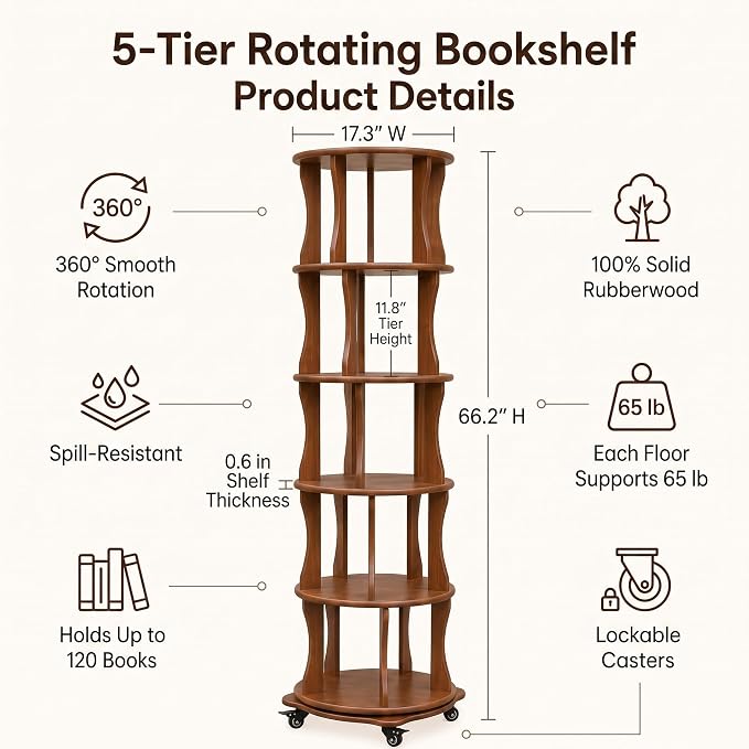 Rotating Bookshelf Tower 5 Tier Corner Bookshelf 360° Spinning Bookshelf | - Image 2