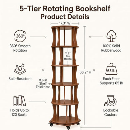 Rotating Bookshelf Tower 5 Tier Corner Bookshelf 360° Spinning Bookshelf | - Image 2