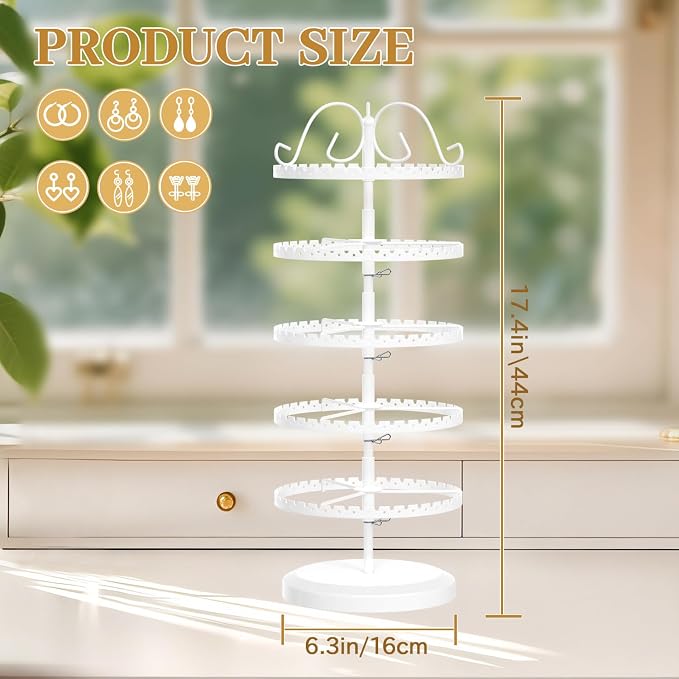 MODOWEY 5 Tier Rotating Earring Holder Organizer Stand, Adjustable Metal - Image 3