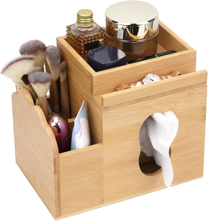 Tissue Box Cover with Storage Tray, Bamboo Multifunctional Square Tissue Holder by Unknown