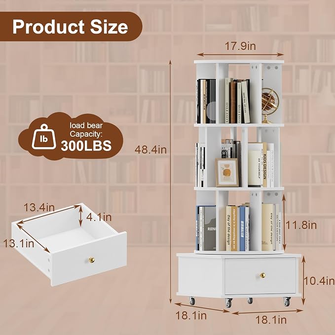 3-Tier Rotating Bookshelf with Drawers on Wheels, 360° Spinning Corner Bookcase - Image 2