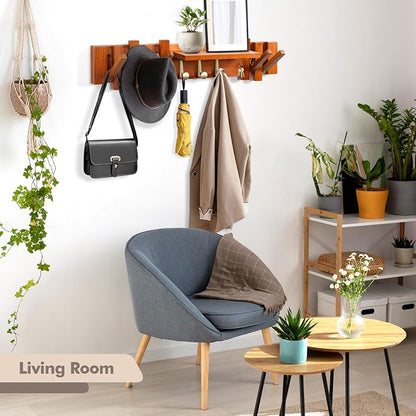Zingoetrie Wooden Coat Rack Wall Mount Red Brown 11 Hooks Key Holder Umbrella - Image 6
