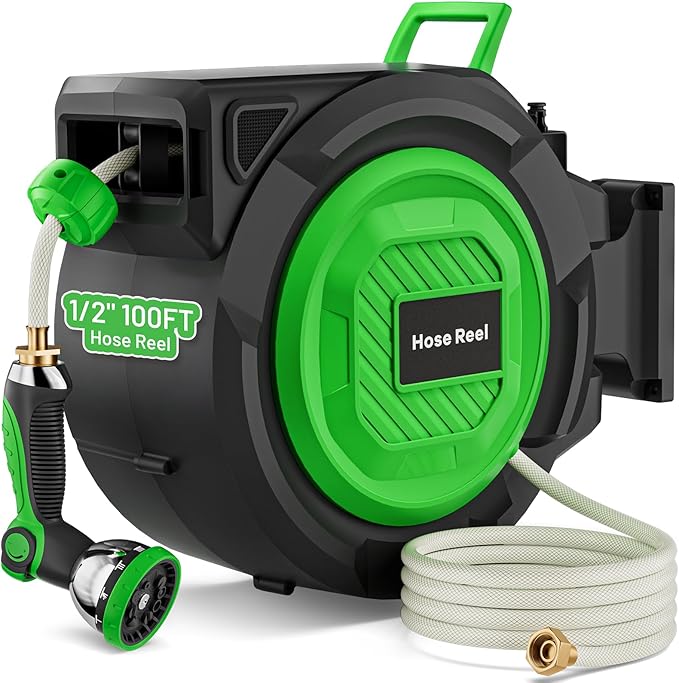 Retractable Garden Hose Reel, 1/2 in x 100 ft Automatic Slow Rewind System & by Unknown