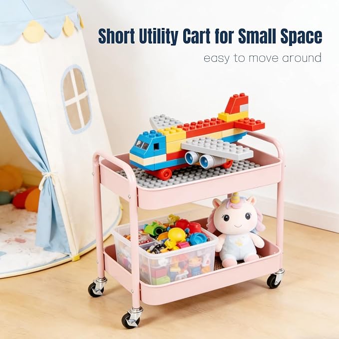 2 Tier Pink Rolling Cart with Wheels - Image 7