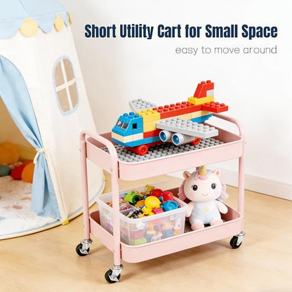 2 Tier Pink Rolling Cart with Wheels - Image 7