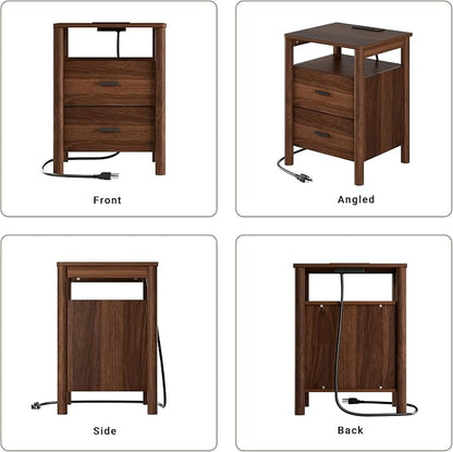 Night Stand with Charging Station, 2 Drawers Nightstand with Open Shelf - Image 7