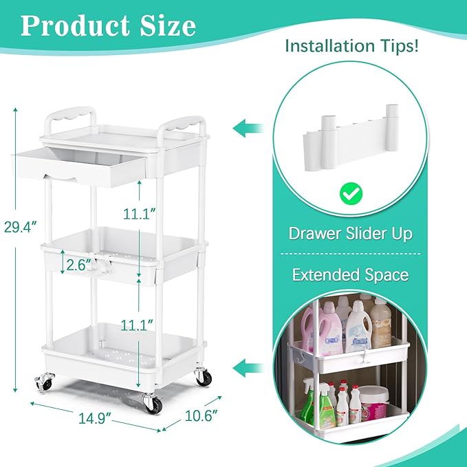 SUNALLY 3 Tier Rolling Cart - Image 2