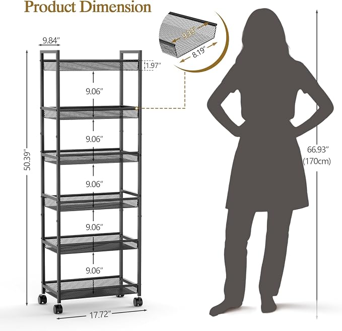 6 Tier Slim Rolling Storage Cart, Narrow Mobile Shelving Unit Organizer Utility - Image 2