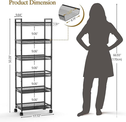 6 Tier Slim Rolling Storage Cart, Narrow Mobile Shelving Unit Organizer Utility - Image 2