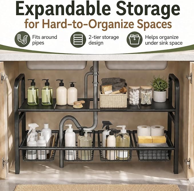 Under Sink Organizer, Expandable 2 Tier Storage Rack, 26.8" to 35.8" Adjustable - Image 2