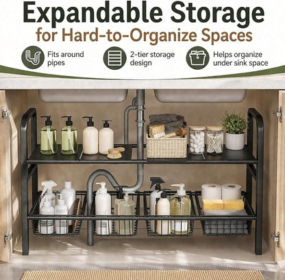 Under Sink Organizer, Expandable 2 Tier Storage Rack, 26.8" to 35.8" Adjustable - Image 2