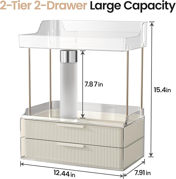 Delamu Bathroom Organizers and Storage, 2 Tier 2 Drawer Makeup Organizer - Image 2