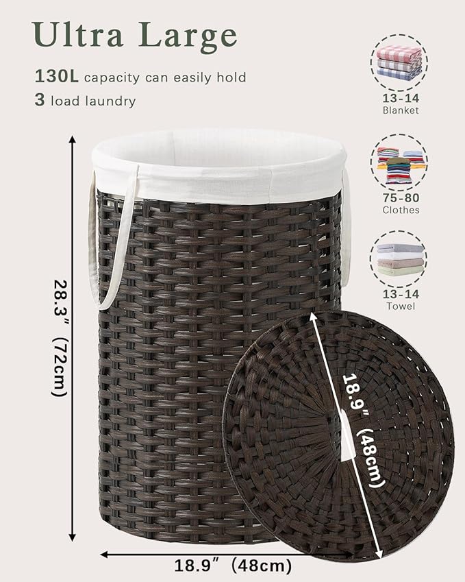 Large Laundry Hamper Laundry Basket Round 34.3 Gal Handwoven Wicker Laundry - Image 4