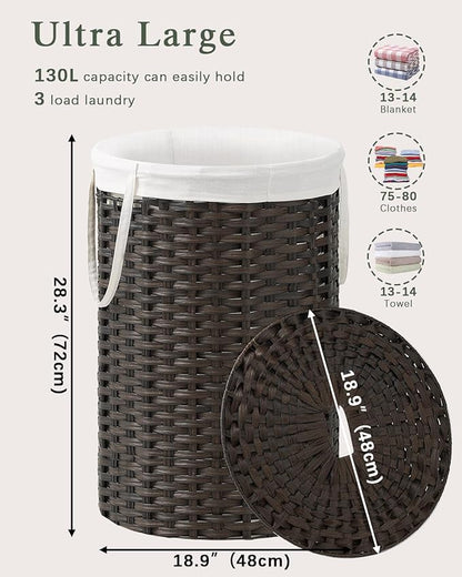 Large Laundry Hamper Laundry Basket Round 34.3 Gal Handwoven Wicker Laundry - Image 4