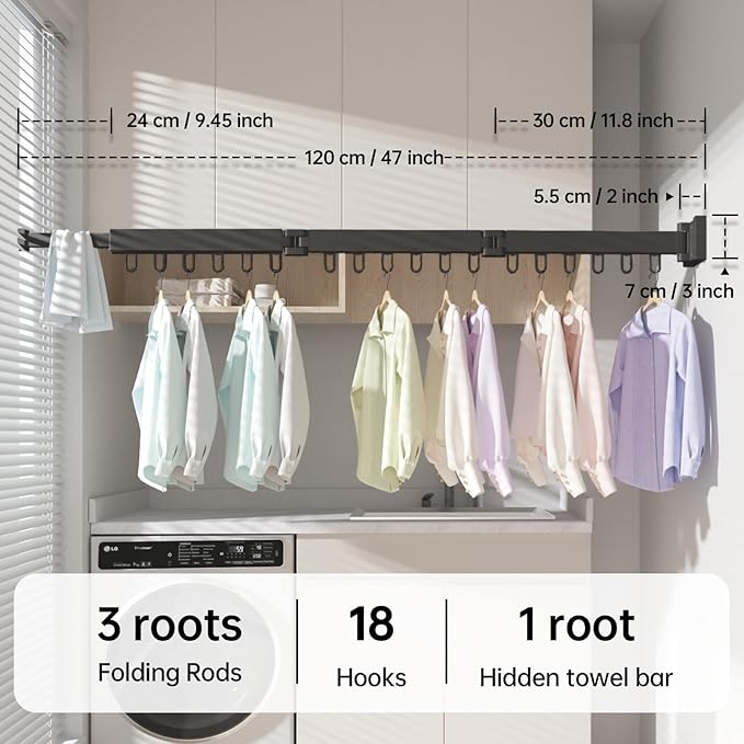 Abiglifty Clothes Drying Rack Wall Mounted, Laundry Drying Rack Collapsible - Image 2