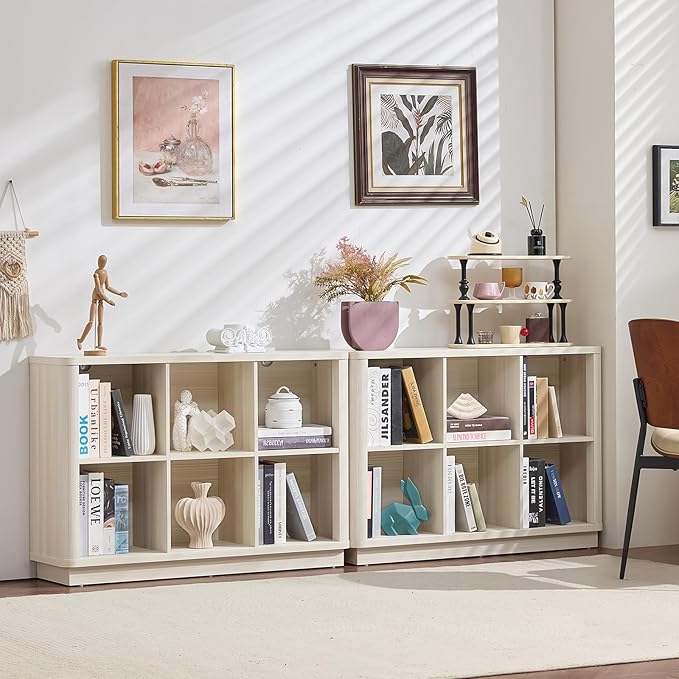 6 Cube Bookcase, Wood Floor Standing 2-Tier Bookshelf - Image 2
