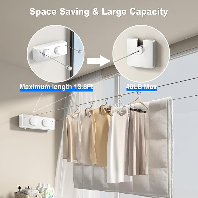Retractable Clothesline Indoor, Non-Sagging Twin Clothes Line Retracting - Image 2