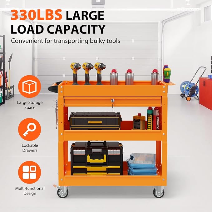 3 Tier Rolling Tool Cart with Drawers, Heavy Duty Utility Cart on Wheels - Image 2