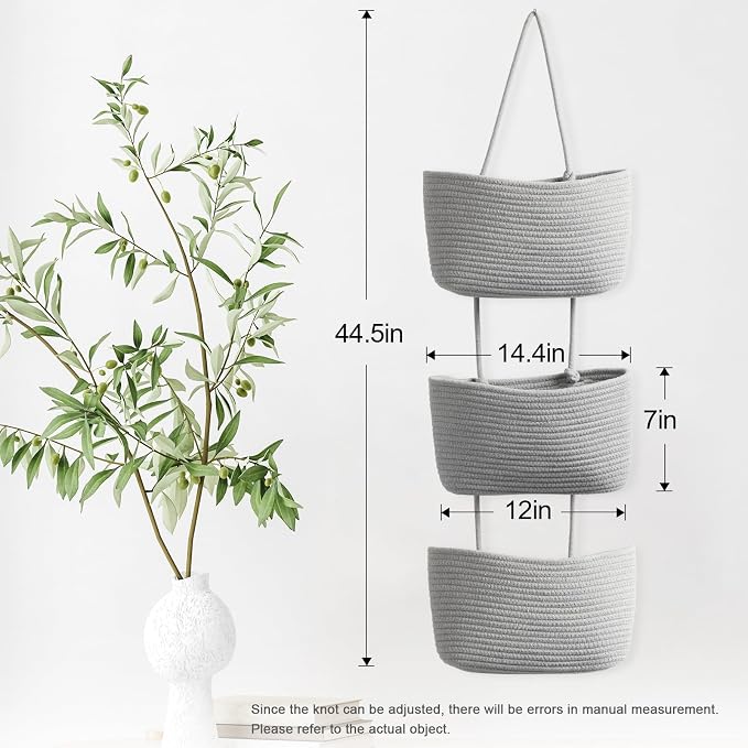TeoKJ Over the Door Hanging Basket, 3-Tier Woven Cotton Wall-Mounted Storage - Image 5