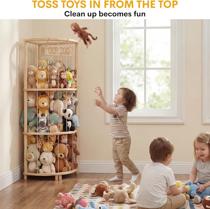 Corner Stuffed Animal Storage Tower, Large Wooden Plush Toy Storage Zoo - Image 2
