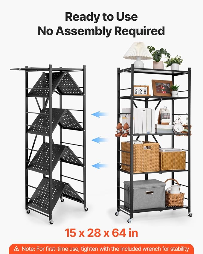 VEVOR 5-Tier Foldable Storage Shelf, 28W x 15D x 64H Inch Folding Metal Rack - Image 4
