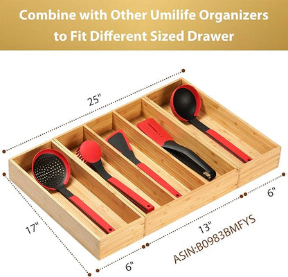 Umilife Bamboo Kitchen Utensils Organizer, Extra Long High Silverware Drawer - Image 4