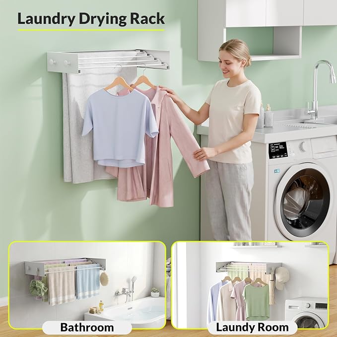 Foldable Wall Mounted Drying Rack, Stainless Steel Expandable Clothes Drying - Image 7