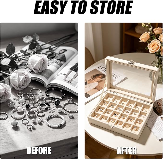 Small Velvet Jewelry Tray with Clear Lid, 24 Grids Beige | Lockable Ring - Image 5