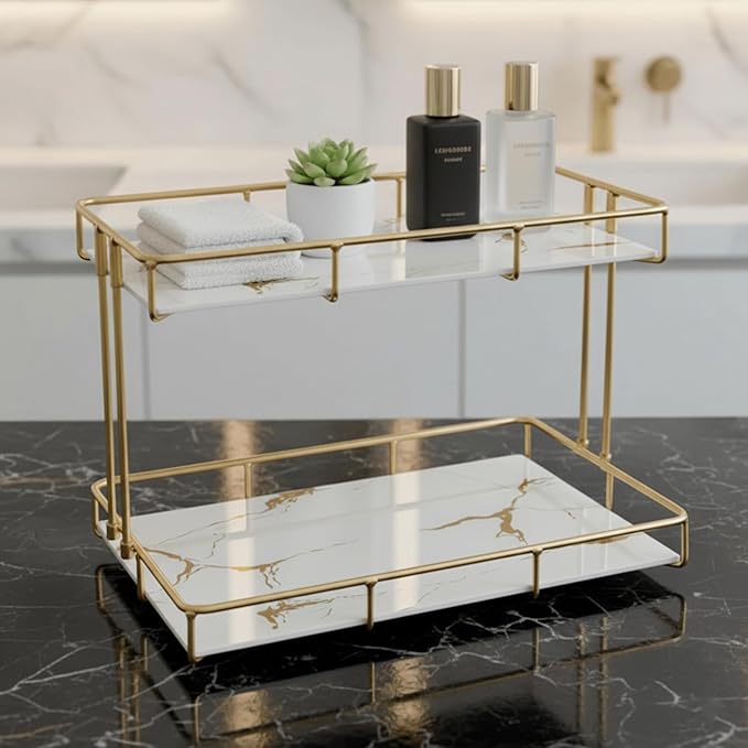 2-Tier White Marble Bathroom Countertop Organizer – Glass Shelves & Gold Metal by Unknown
