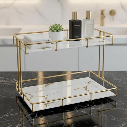 2-Tier White Marble Bathroom Countertop Organizer – Glass Shelves & Gold Metal by Unknown