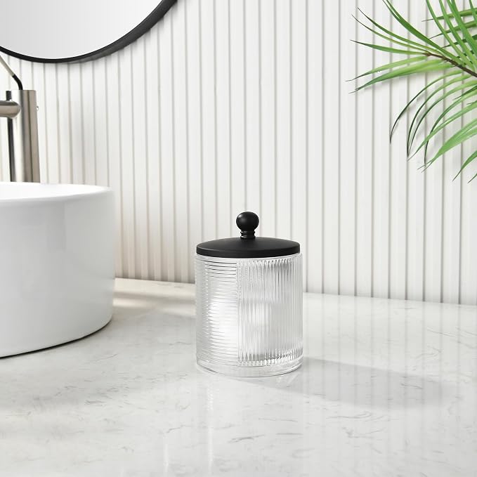 Clear Transparent Apothecary Ribbed Geometric Etched Glass Jar W/Matte Black - Image 4