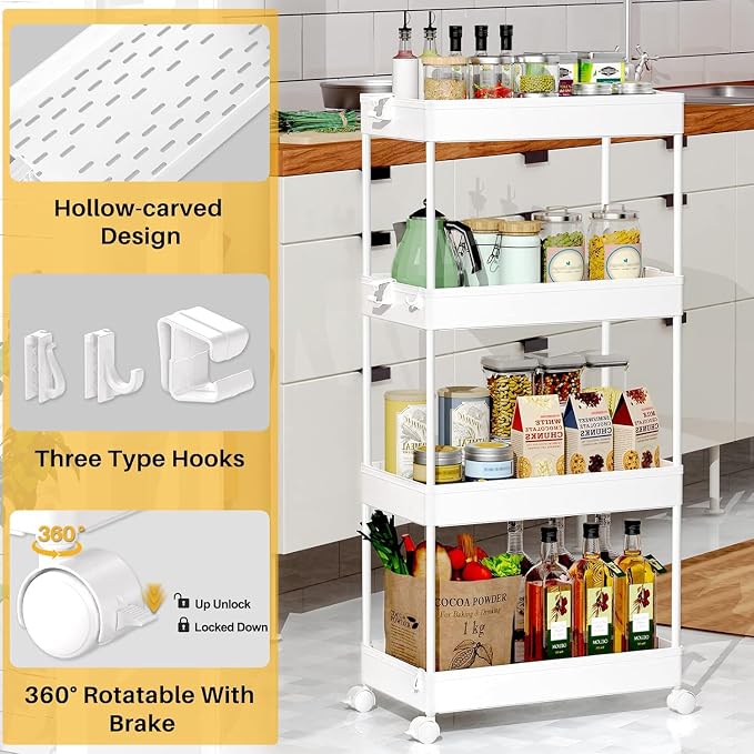 SPACEKEEPER Storage Cart, 4-Tier Mobile Shelving Unit, Bathroom Rolling Cart - Image 2