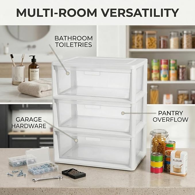 Wide 3-Drawer Plastic Storage Tower Organizer, 25.25" High, Drawer Stops & - Image 9