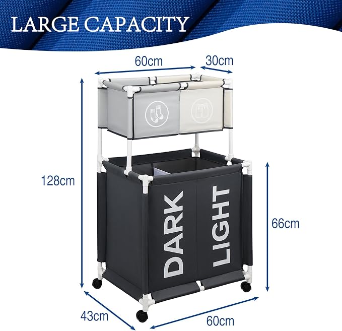 Laundry Basket with Wheels, 4 Section Laundry Hamper, Extra Large Dirty Clothes - Image 2