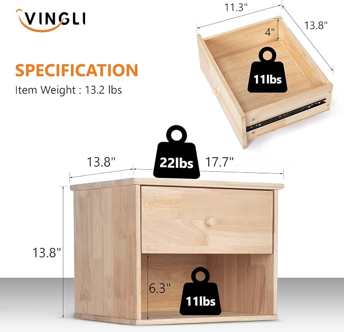 VINGLI Unfinished Natural Solid Wood Floating Nightstand - Image 3