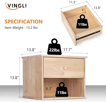 VINGLI Unfinished Natural Solid Wood Floating Nightstand - Image 3