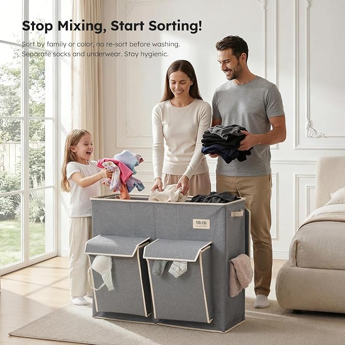SOLEDI 220L Laundry Hamper 3 Section, Extra Large Laundry Basket - Image 4