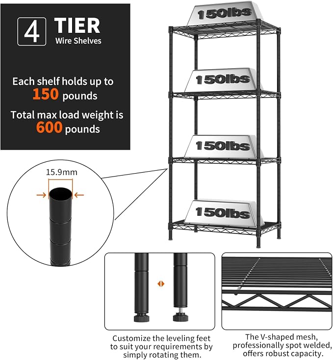 4 Tier Adjustable Storage Shelves, Heavy Duty Metal Utility Shelf 600LBS - Image 5