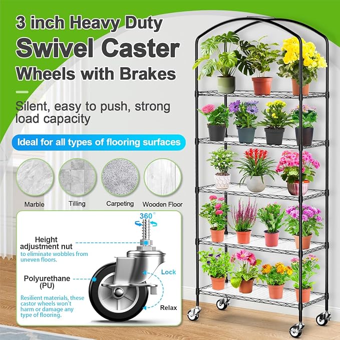 5-Tier Greenhouse with Caster Wheel, Each Shelf Height Adjustable Metal Plant - Image 4