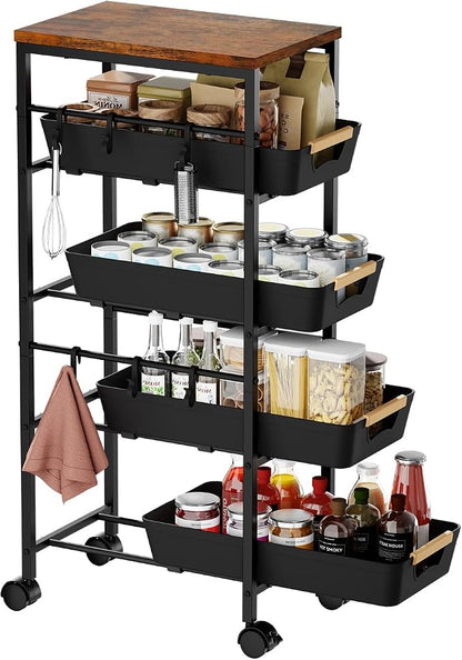 5-Tier Slim Storage Cart, Wooden Top Rolling Kitchen Cart by Unknown