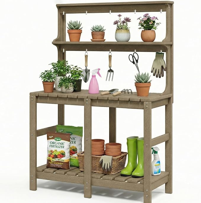 Outdoor Potting Bench with 3 Tier, All-Weather Patio Potting Table with Tool - Image 7