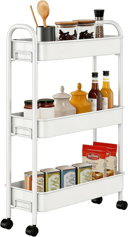 Slim Rolling Cart, Metal Frame Utility Rolling 3-Tier Narrow Storage Cart | by Unknown