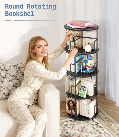 4 Tier Rotating Bookshelf Tower Round Black, 50” Floor Standing Spinning - Image 7