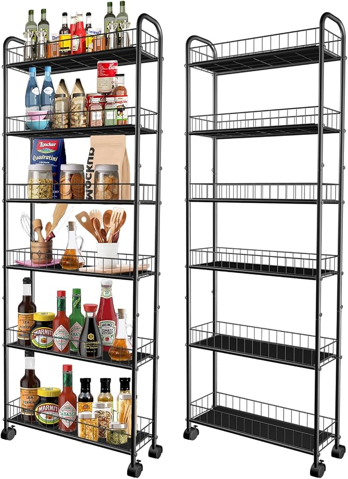 Slim Storage Cart with Wheels, 6-Tier 6in Black Narrow Rolling Shelf, Sturdy by RUOZTEOO