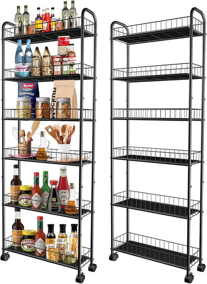Slim Storage Cart with Wheels, 6-Tier 6in Black Narrow Rolling Shelf, Sturdy by RUOZTEOO