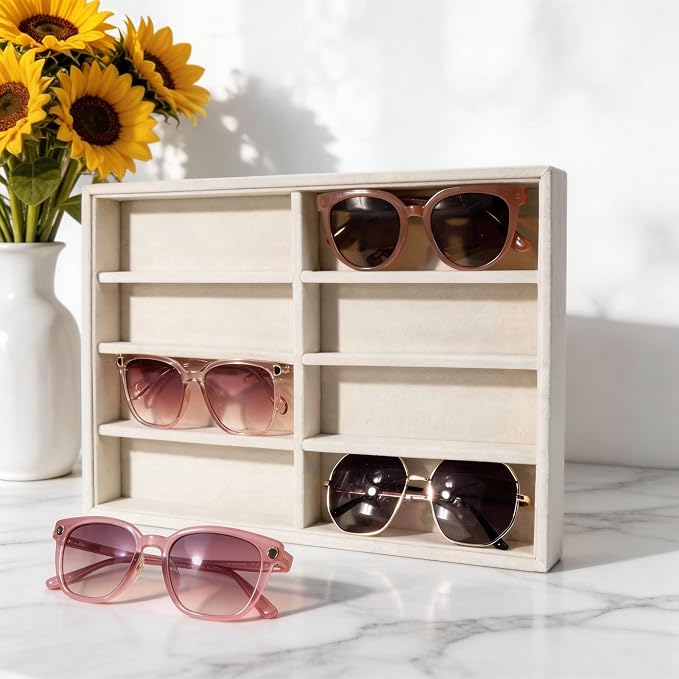 Sunglass Organizer, 8 Grids Beige Velvet Glasses Tray - Image 8