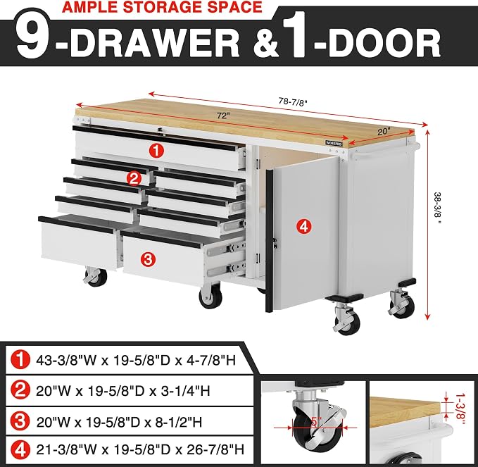 WORKPRO 72" x 22" 9-Drawer & 1-Door Rolling Tool Chest, Mobile Tool Storage - Image 2